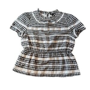 J. Crew Women Black Gingham Lace Trim Peplum Daisy Chain Top Size S Coquette